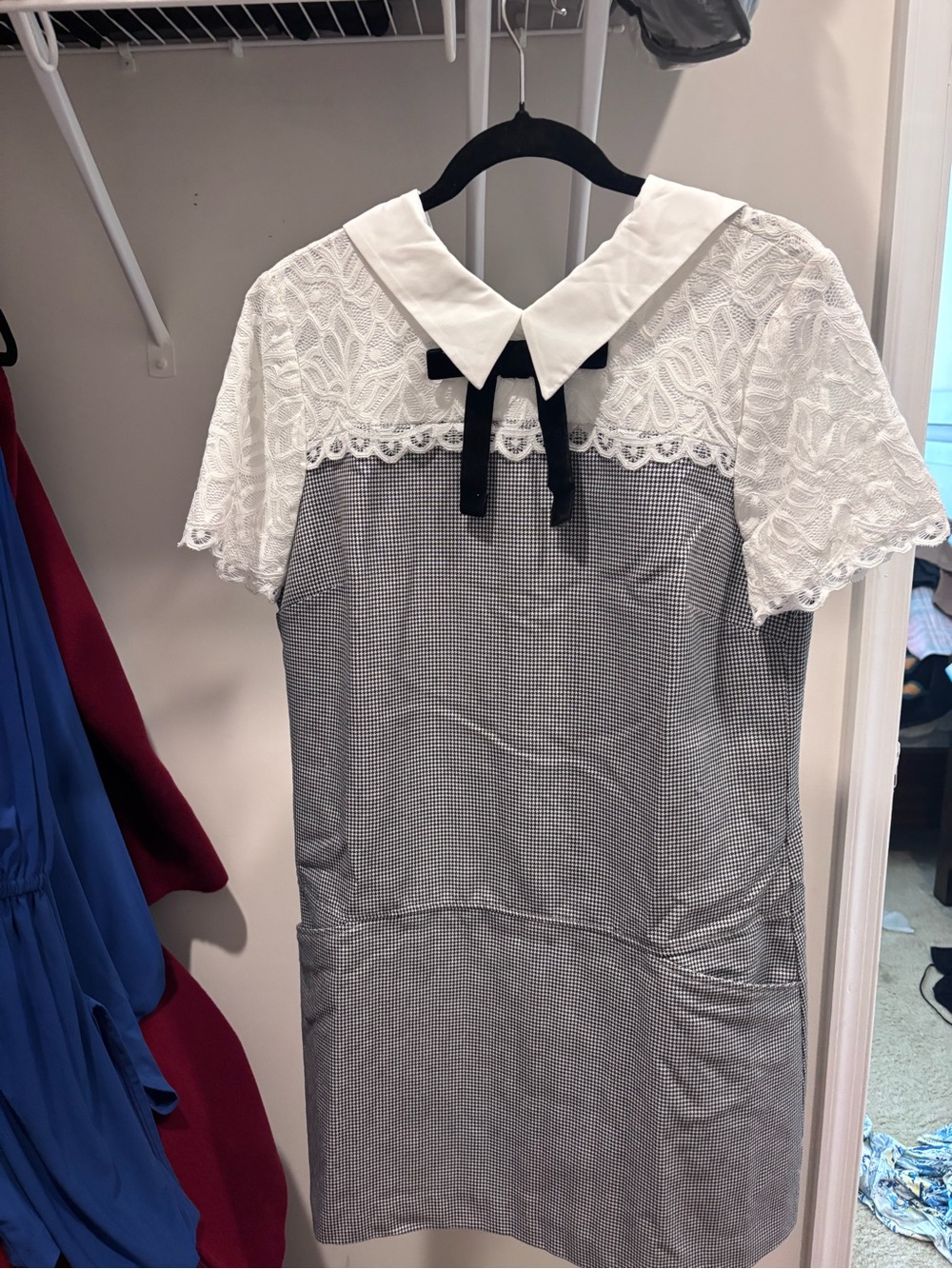 CeCe White Lace-Yoke Mini Dress with Black Bow